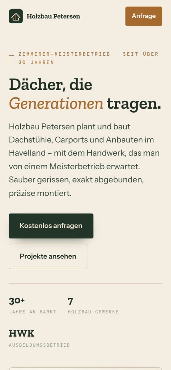 Auch mobil zuerst: Meisterbetrieb, Projekte, ein klarer Anfrage-Weg.